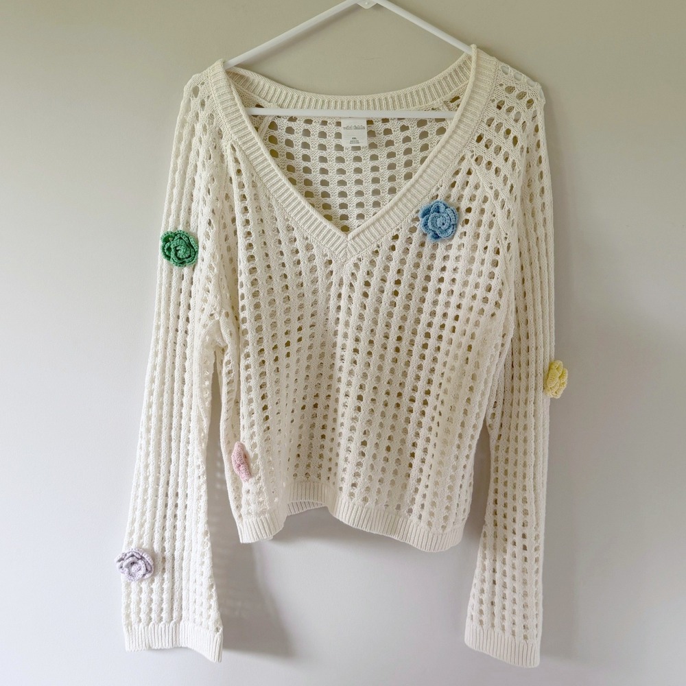 Open Knit Creamy White Crochet Floral Sweater Boxy XXL V-Neck Boho Cottagecore